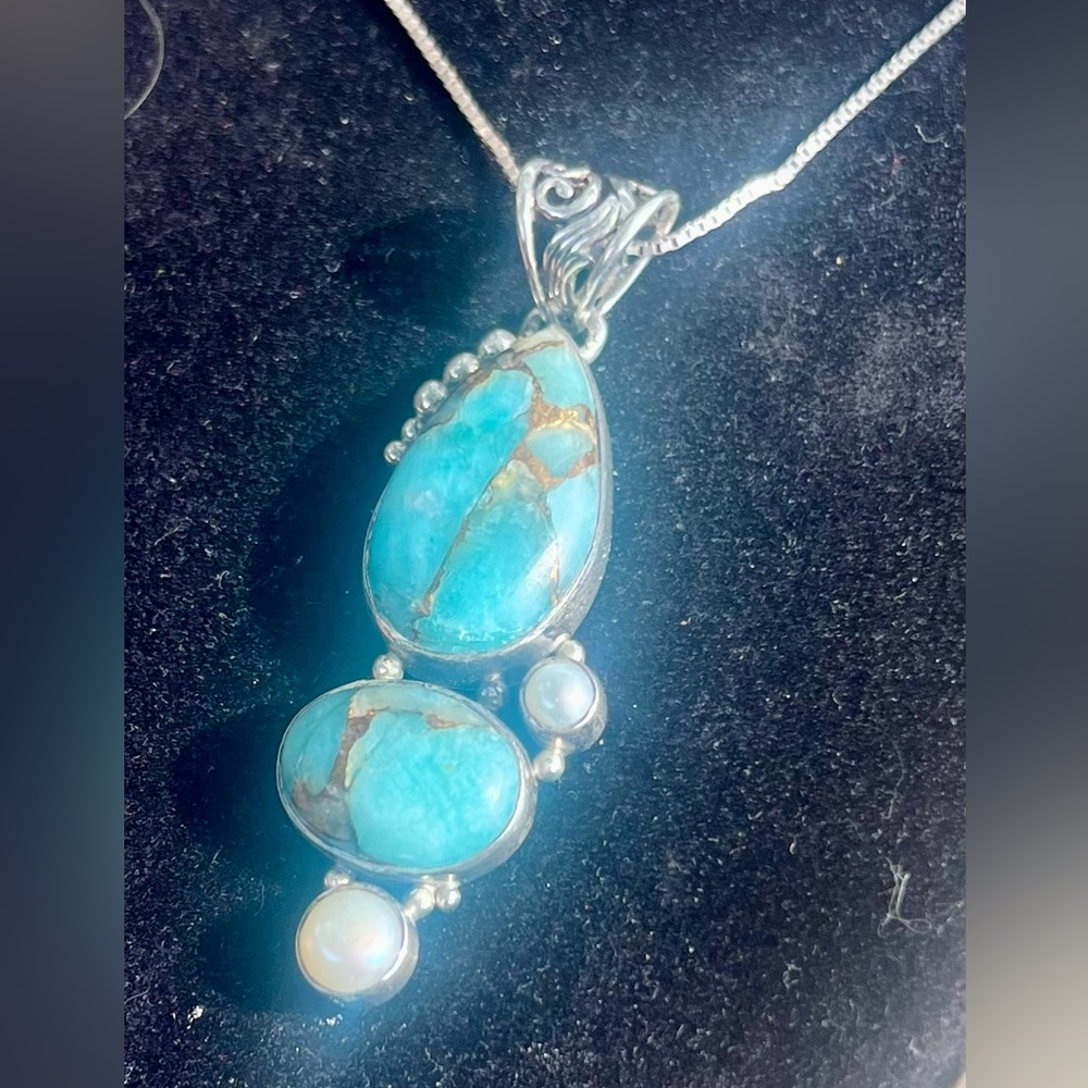 Turquoise Silver and Pearl necklace-PRICE FIRM